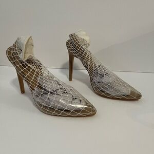 Nude/Clear Pointed-Toe High Heels with White Mesh Overlay